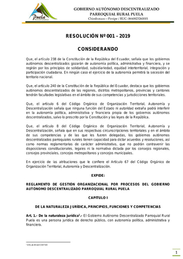 REGLAMENTO DE GESTIÓN ORGANIZACIONAL POR PROCESOS DEL GOBIERNO AUTONOMO DESCENTRALIZADO PARROQUIAL RURAL PUELA