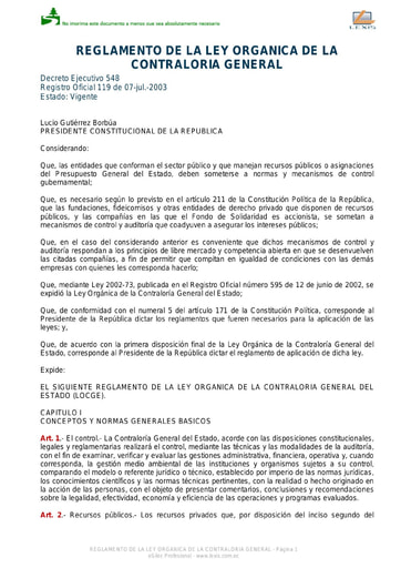 REGLAMENTO DE LA LEY ORGANICA DE LA CONTRALORIA GENERAL DEL ESTADO